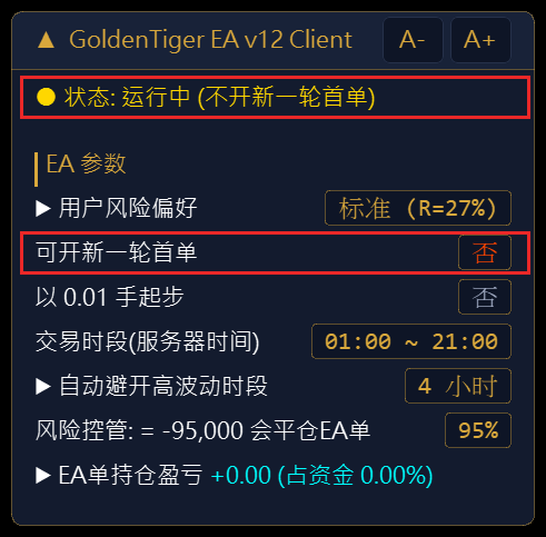 Allow New Rounds 关闭：只挡新的一轮，手上的单照常补单、平仓