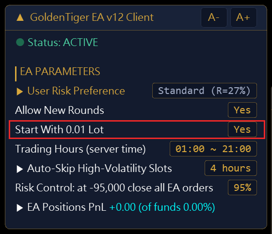 The panel shows "Start With 0.01 Lot" set to "Yes"