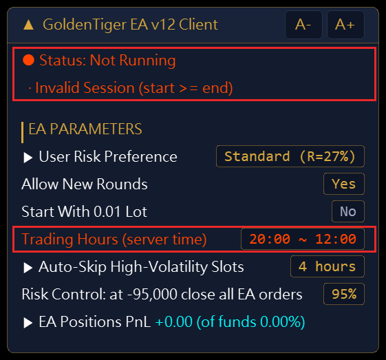 Not Running: Invalid Session (start ≥ end) — the session row is highlighted in red