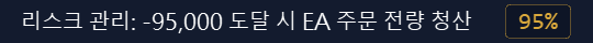 리스크 관리 행: 금액은 계좌 자금에 설정한 비율(오른쪽)을 곱해 계산되며, 이 금액에 도달하면 보유 중인 EA 주문을 모두 청산합니다. 그림의 숫자는 예시입니다.
